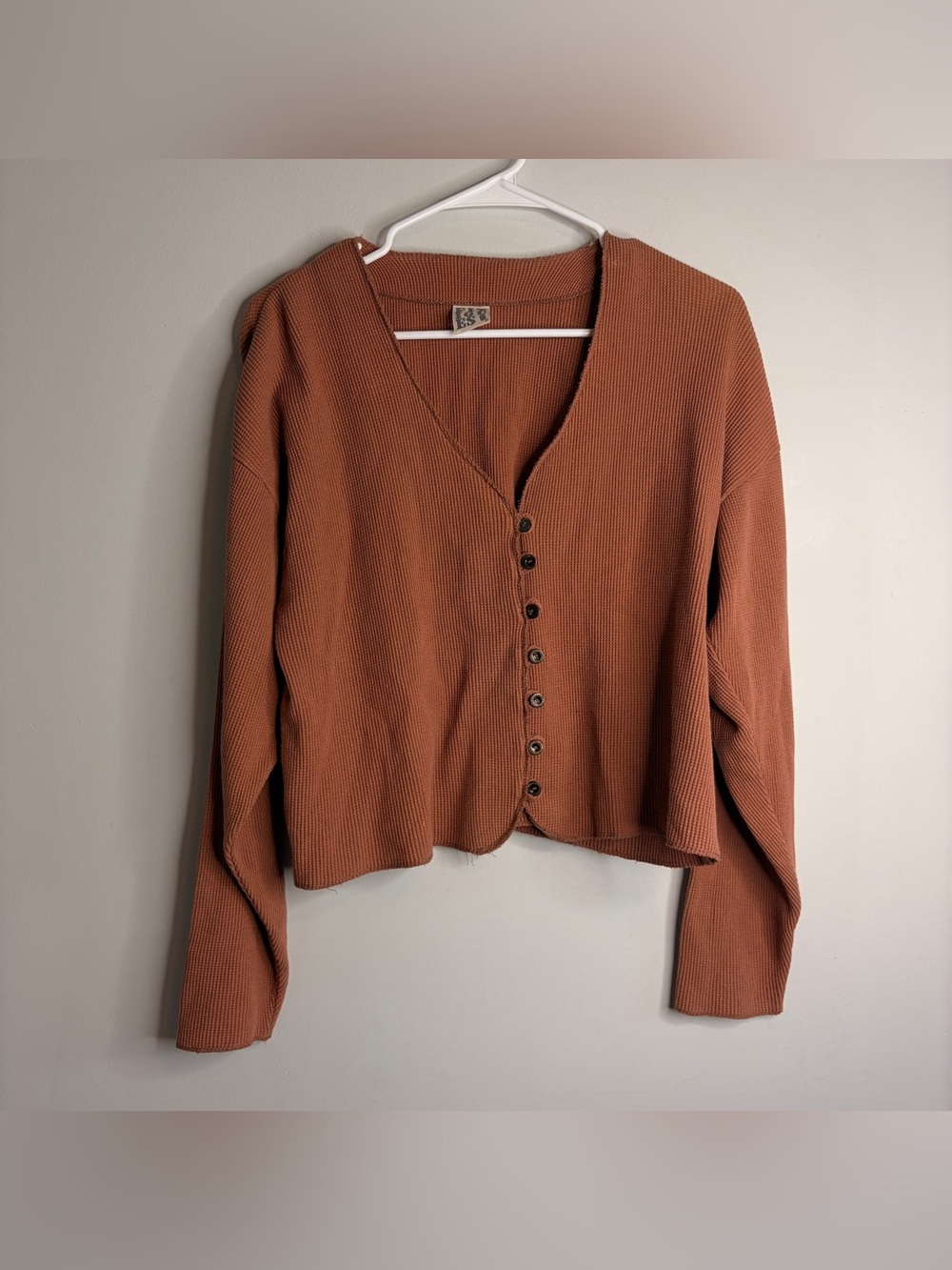Fitigues Rust Waffle Button-Front Shirt Long Sleeve Small Oversized 100% Cotton